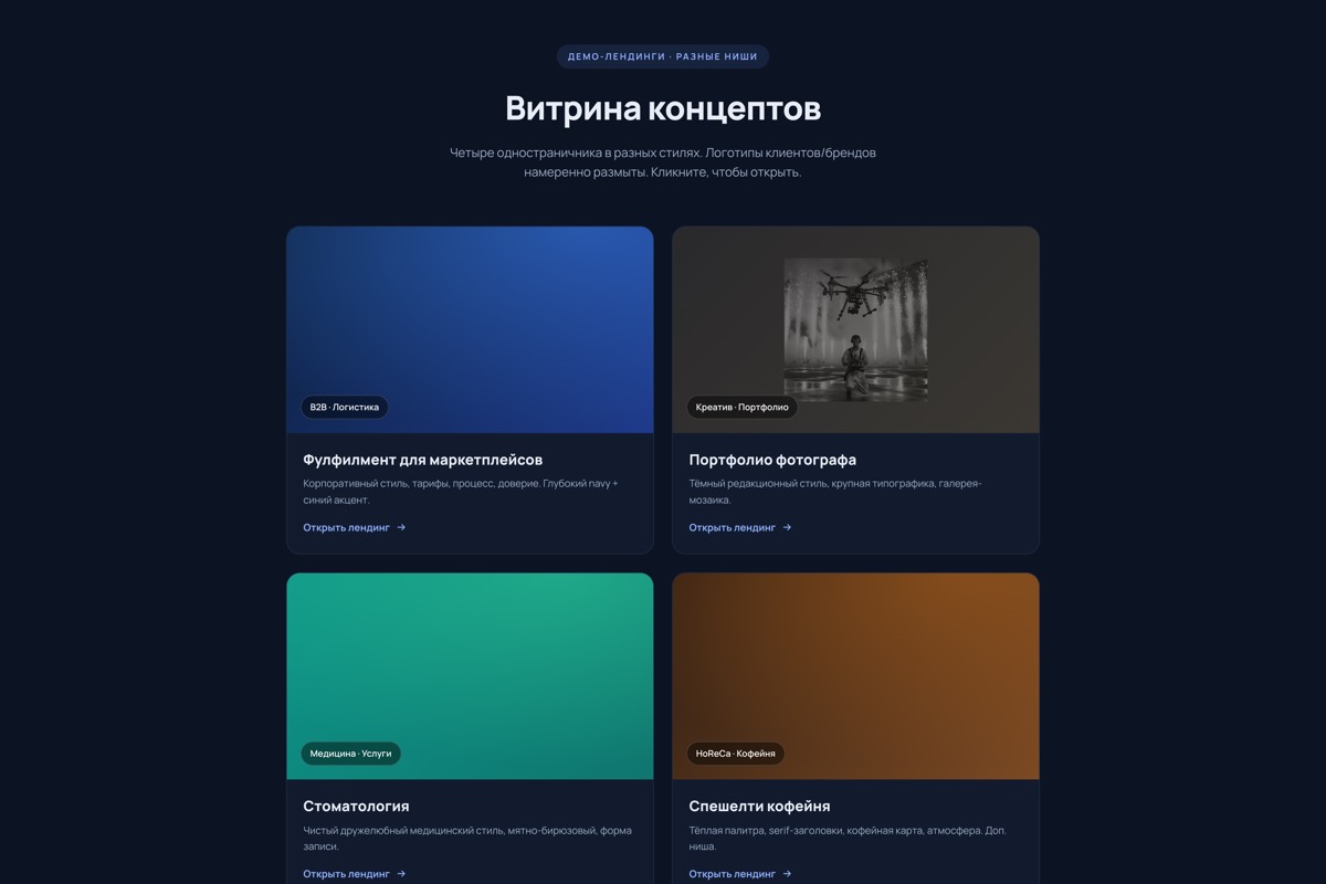 Витрина лендингов — 4 концепта в разных нишах